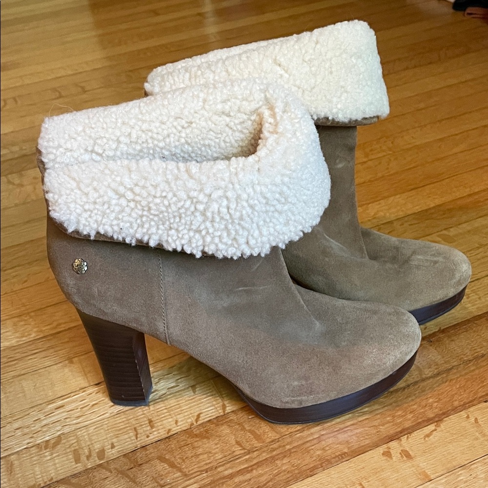 UGG Tan Heeled Boots with Cream Shearling Cuff